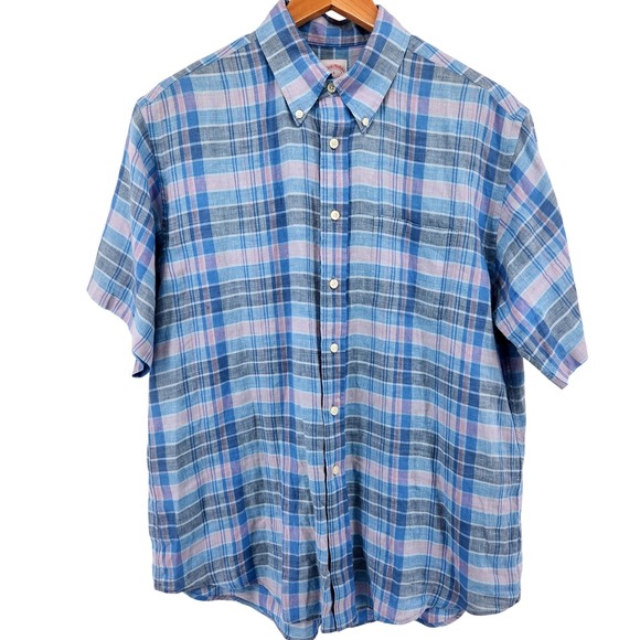 Brooks Brothers Madison Irish Linen Shirt Blue Pink Plaid Button Down Size Large - Picture 8 of 8